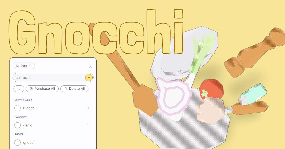 The title card for Gnocchi, my groceries app. It shows a pan with various ingredients in it, and a screenshot of the grocery list page in the app.